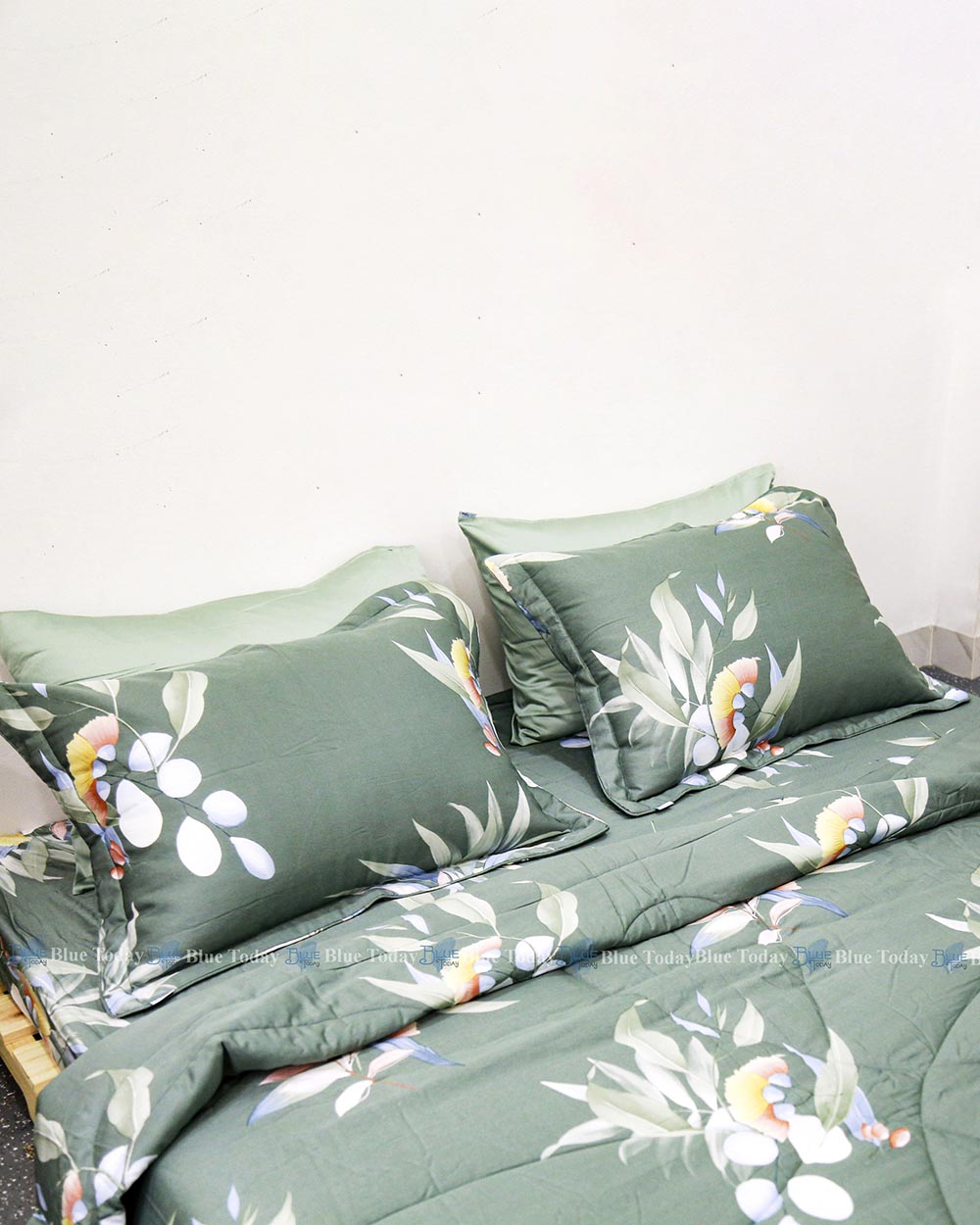 Set Chăn Ga Tencel 40s Lá Trúc Xanh Rêu