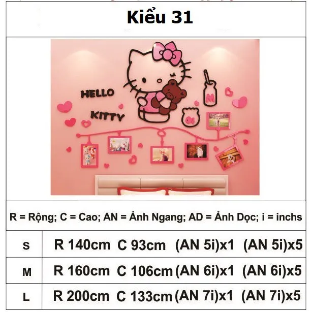 Tranh Dán Tường Mica 3D Khổ Lớn Hello Kitty Kiểu 31